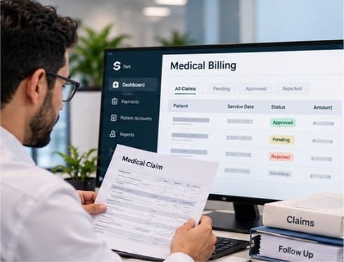 Medical billing specialist reviewing a claims dashboard